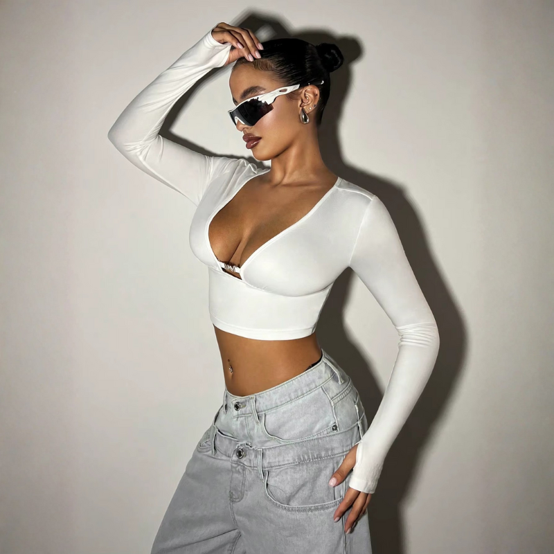 Plunge Long Sleeve Crop Top